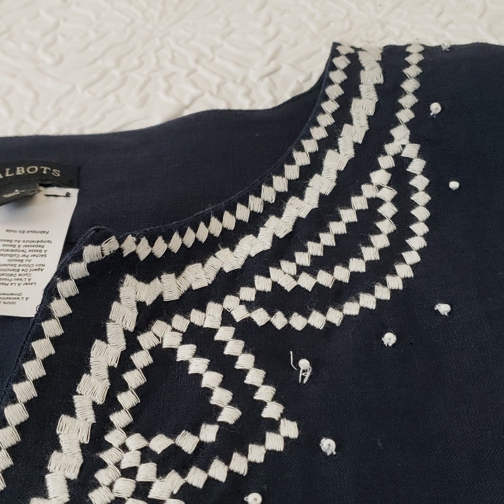 Talbots Navy + White Embroidered Poncho Linen, Size L - Picture 6 of 13